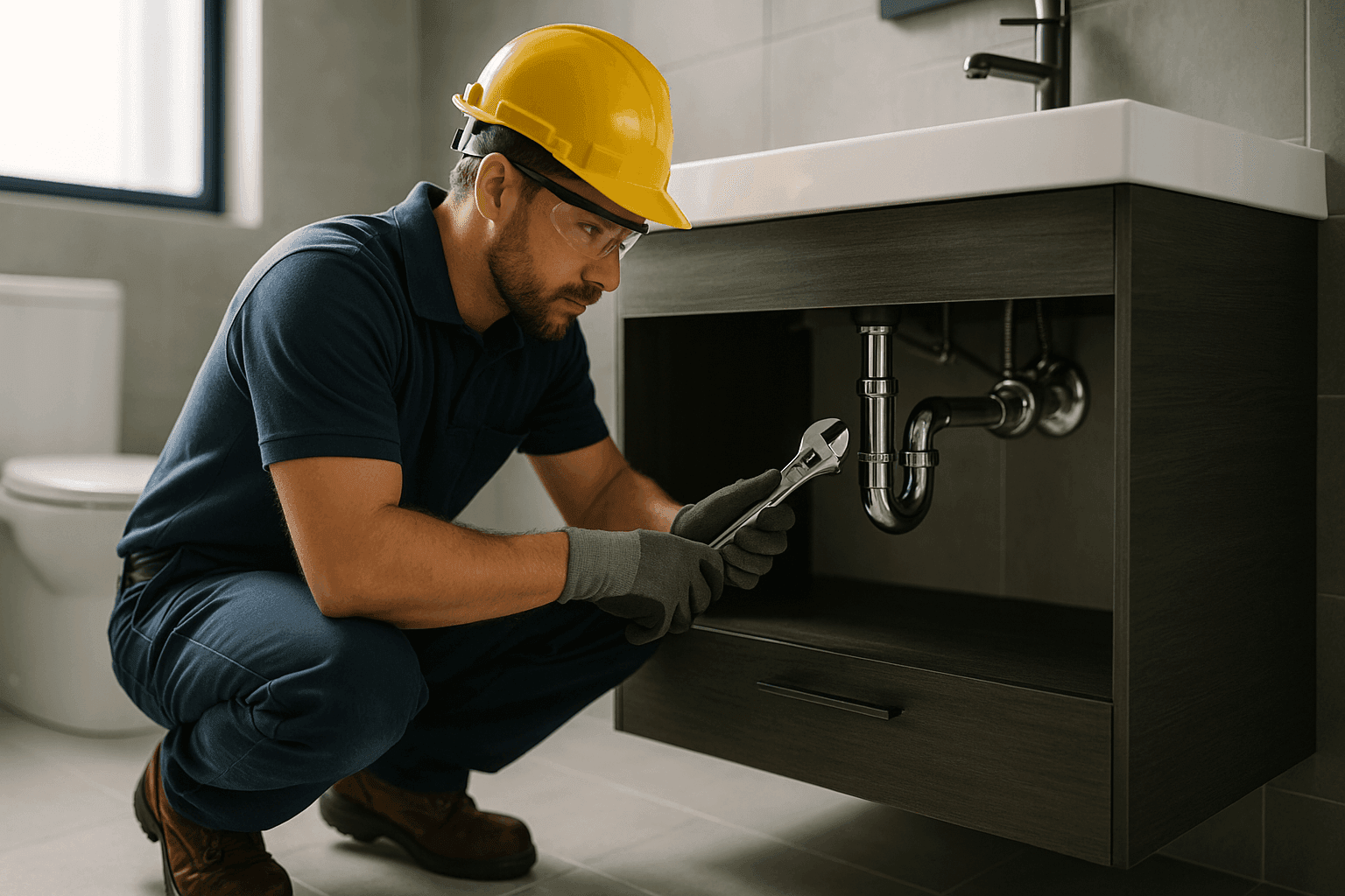 Technician inspecting under bathroom sink with wrench