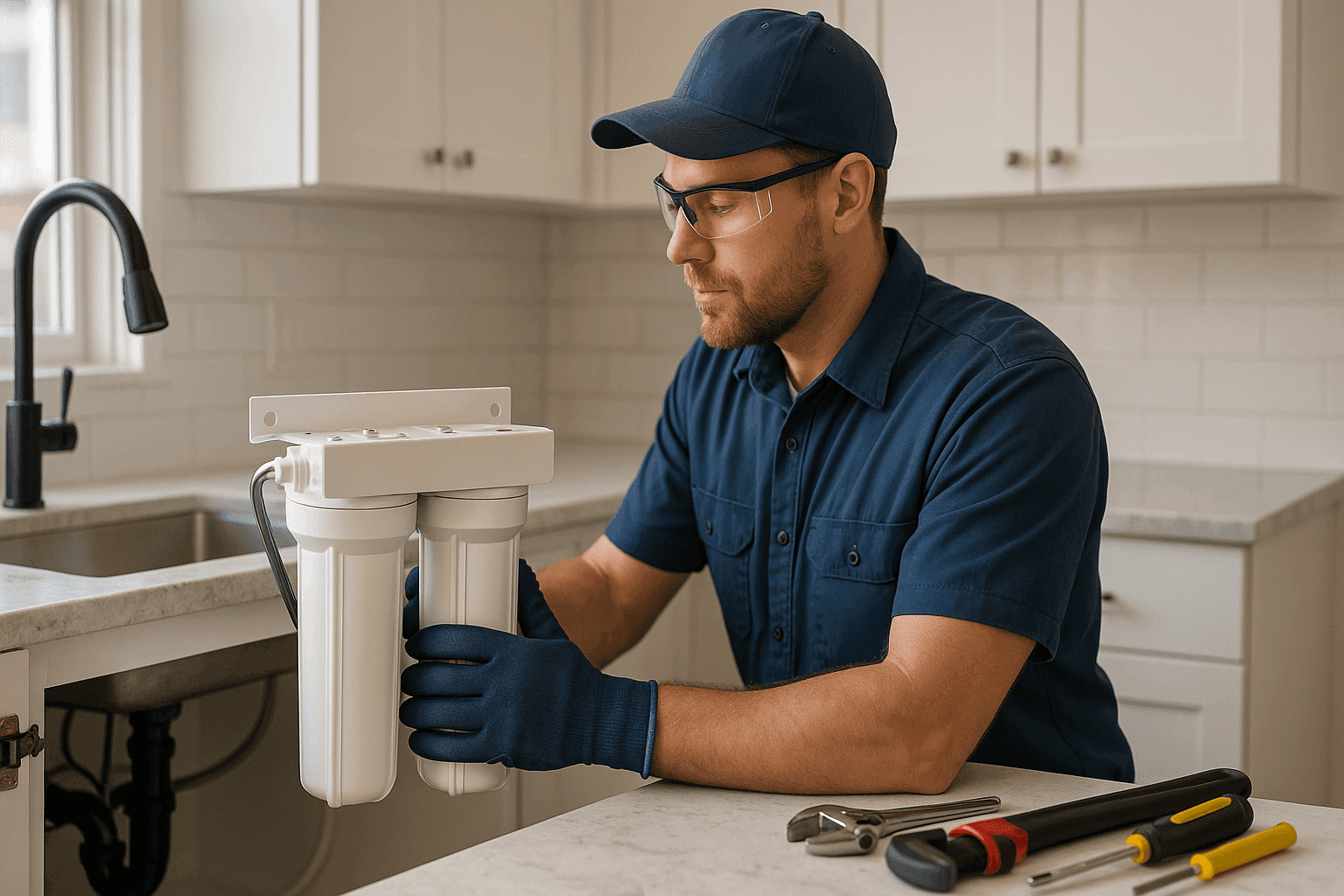 Plumber installing under-sink water filtration system