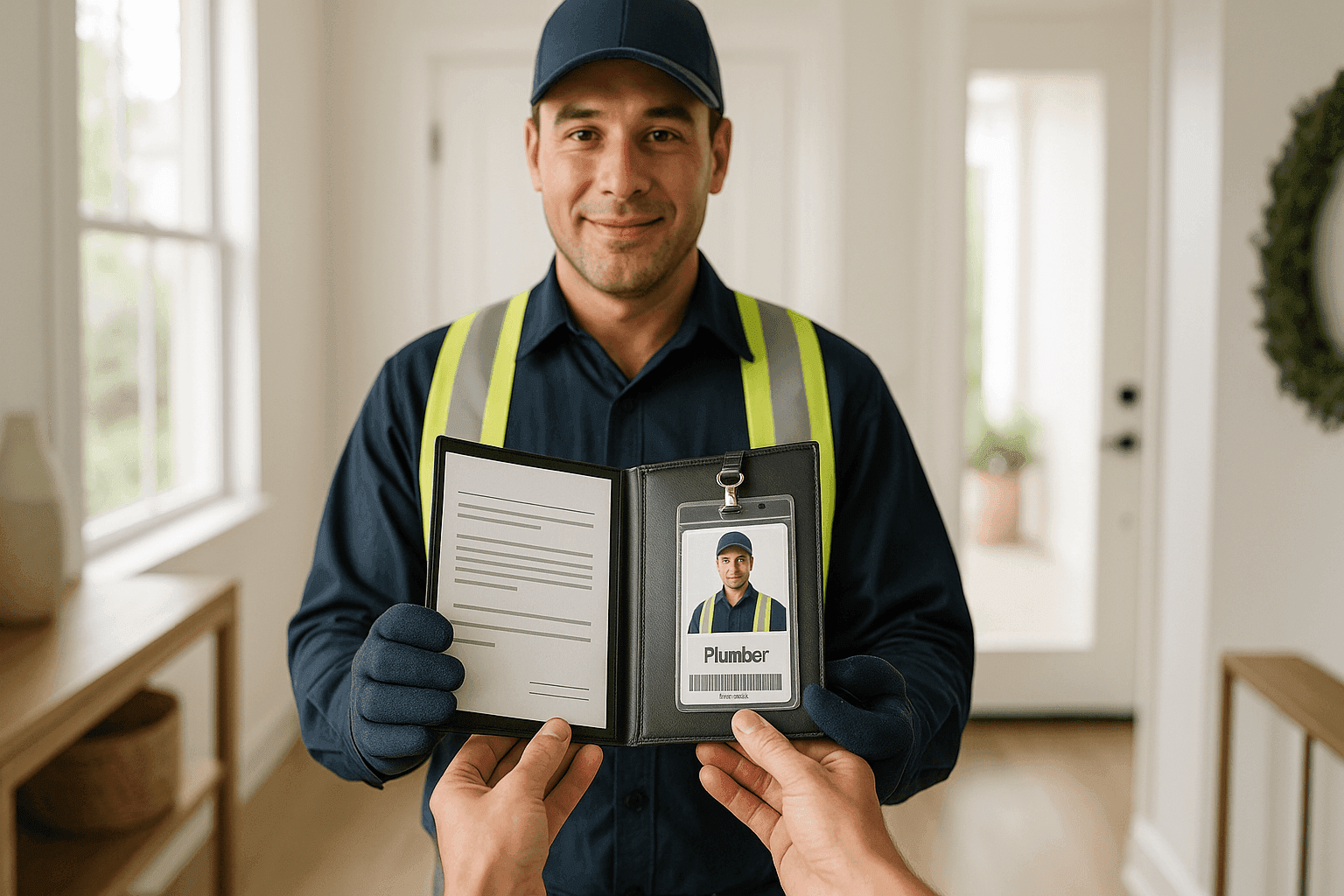 Homeowner reviewing plumber's credentials and ID badge