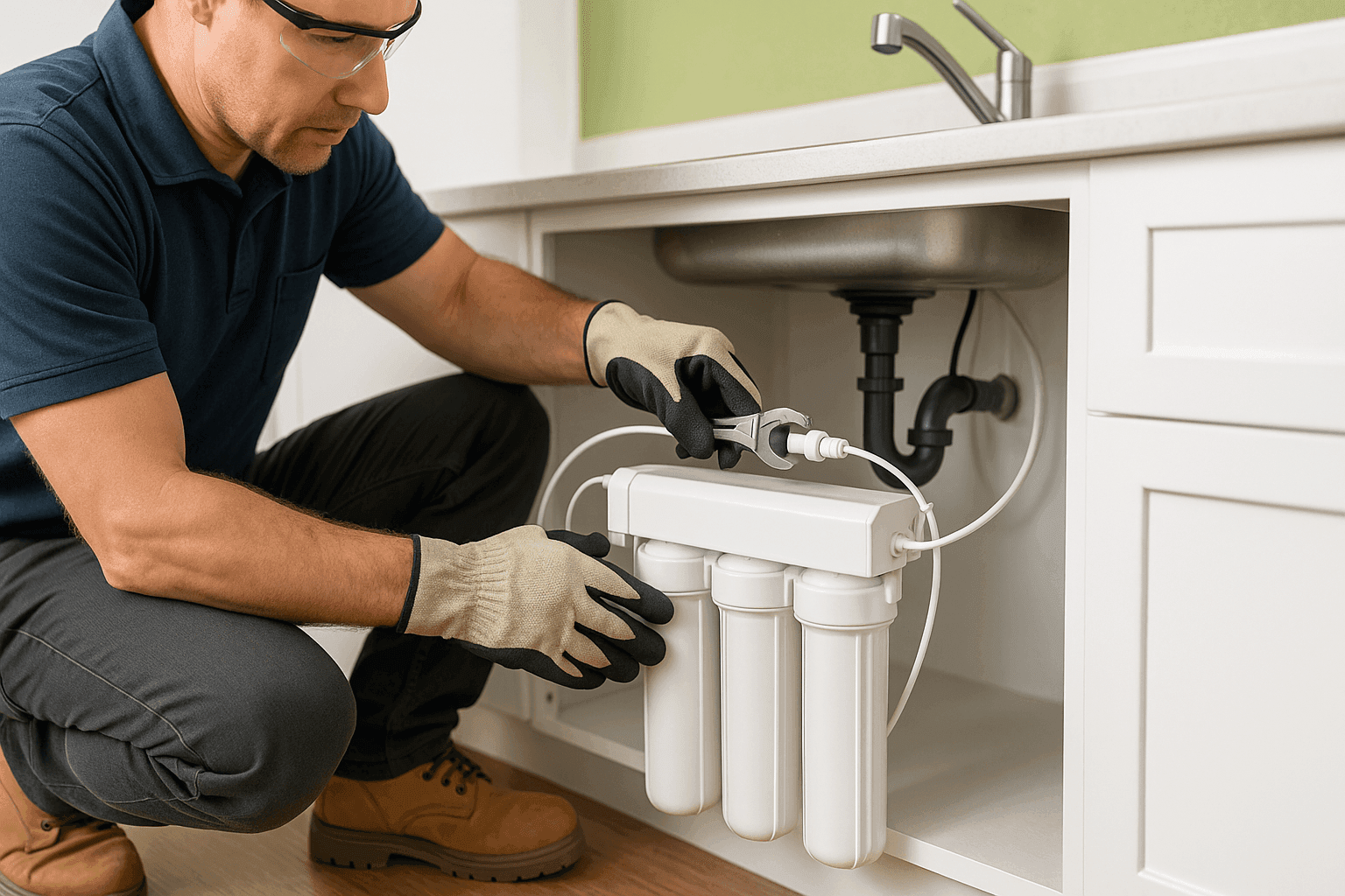 Technician installing under-sink water filtration system in modern kitchen