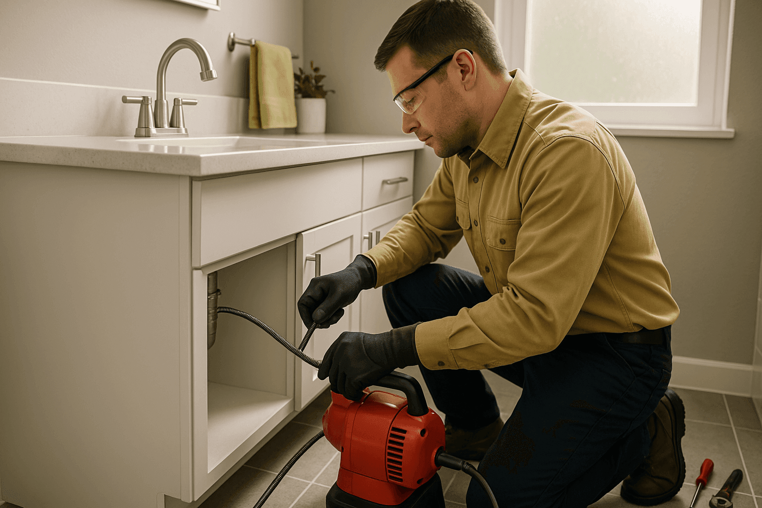 Plumber snaking residential bathroom drain with professional tool