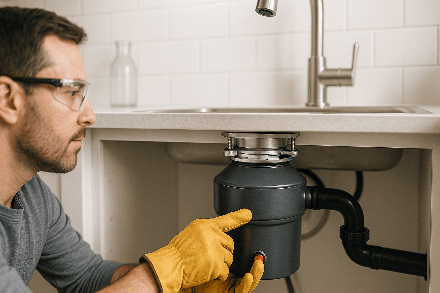 Homeowner resetting garbage disposal under kitchen sink