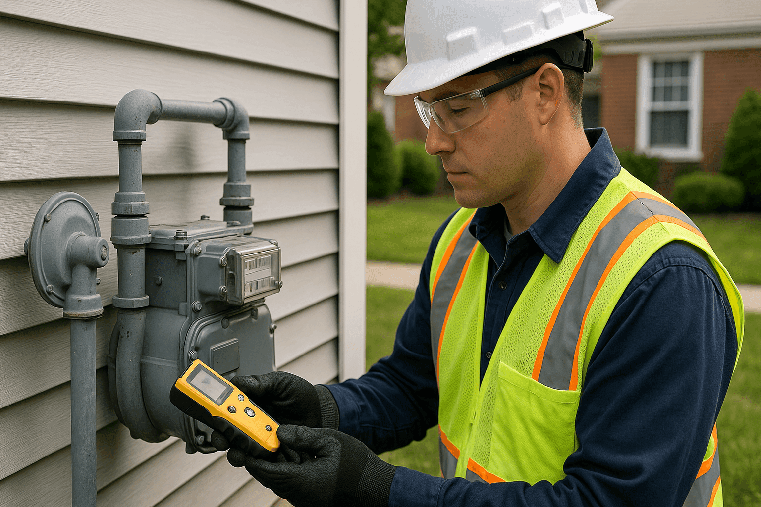 Technician inspecting residential gas meter with detector