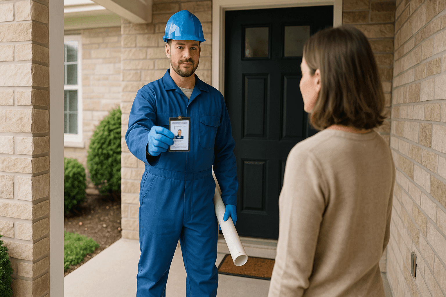 Homeowner asking plumber for license and credentials at front door