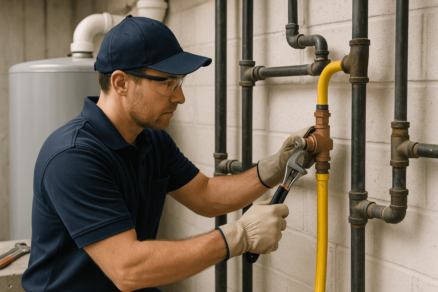 Licensed plumber inspecting gas line installation in a home utility room