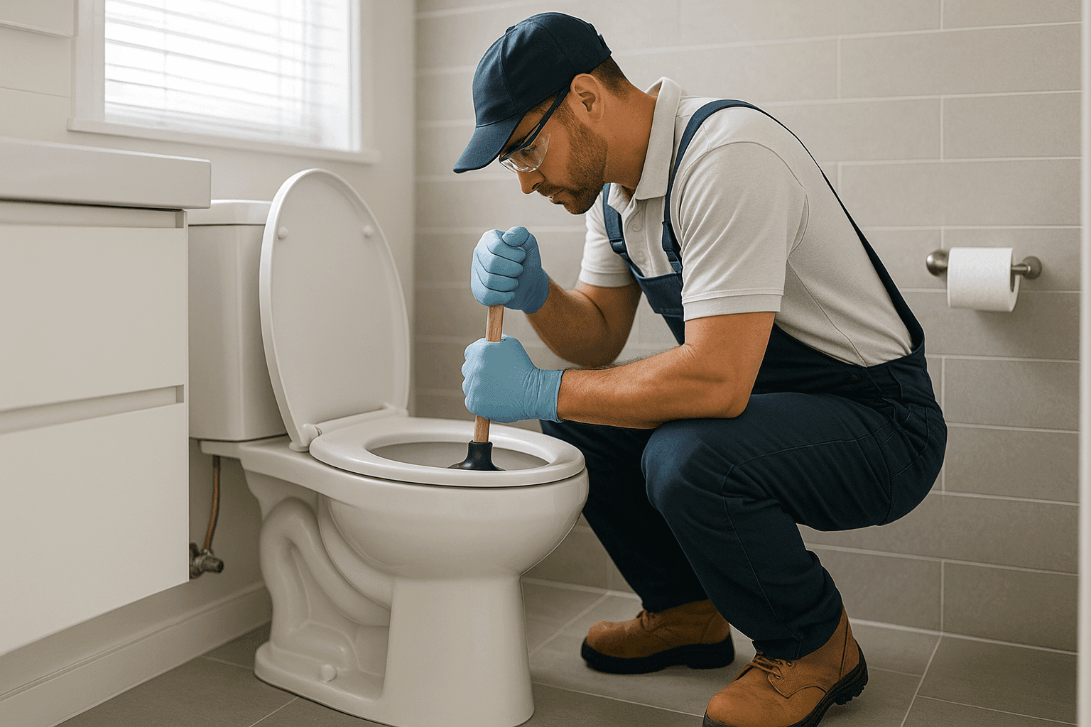 Plumber using heavy-duty plunger on residential toilet