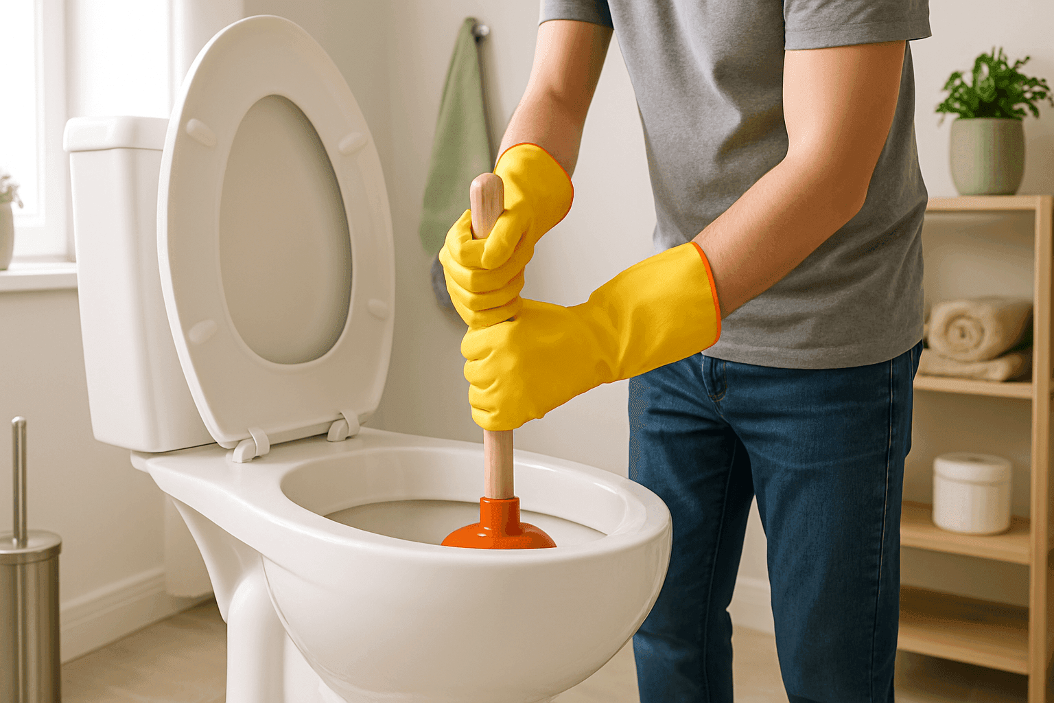 Homeowner using plunger to unclog toilet in bathroom