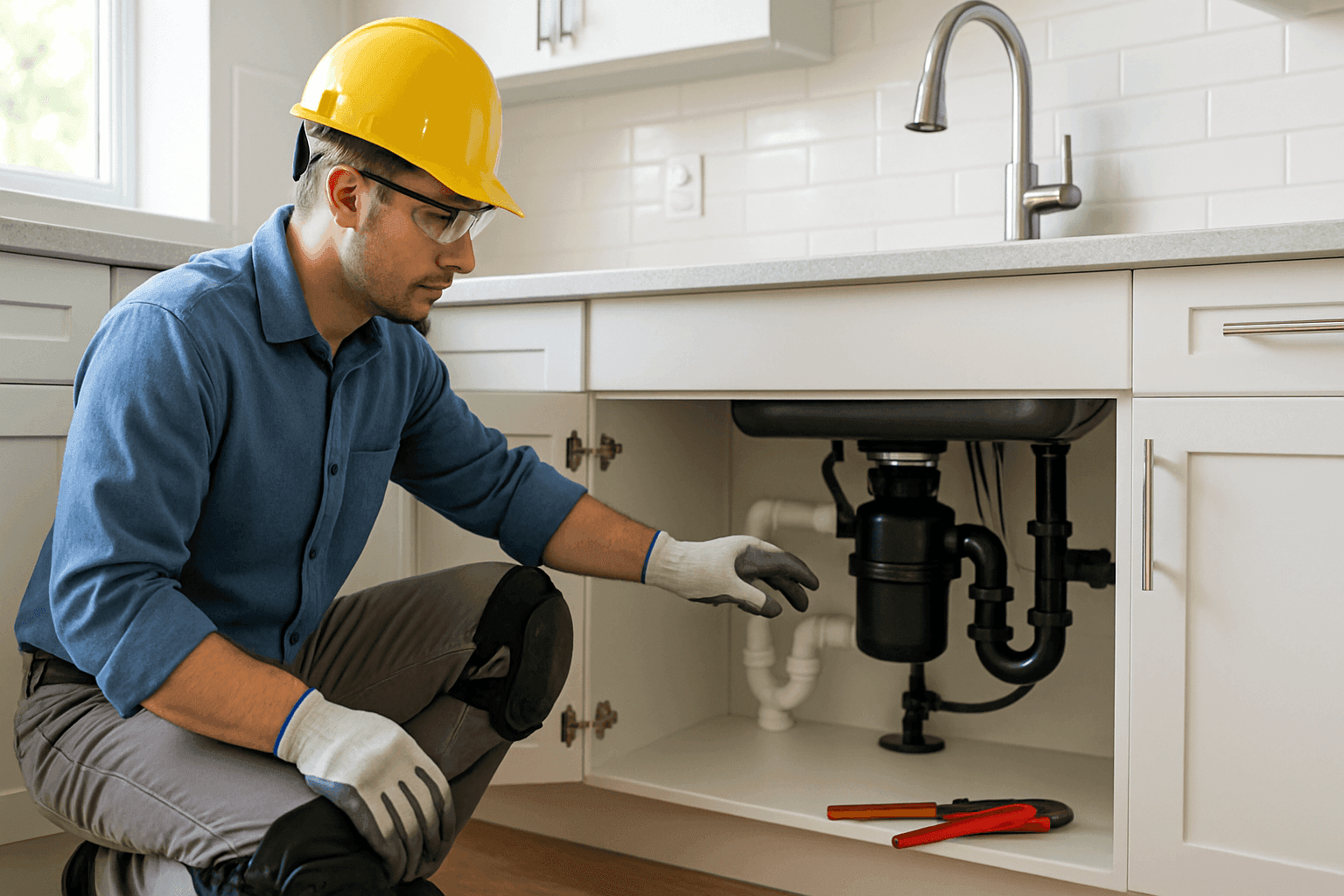 Plumber checking under-sink pipes and garbage disposal in modern kitchen