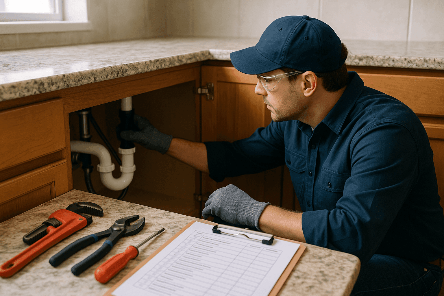 Homeowner performing plumbing maintenance under kitchen sink with tools and checklist