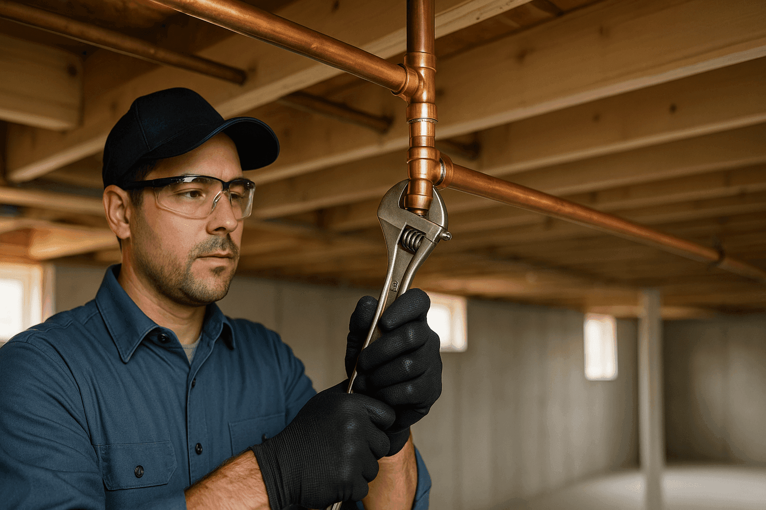 Plumber using wrench to repair copper pipe in basement