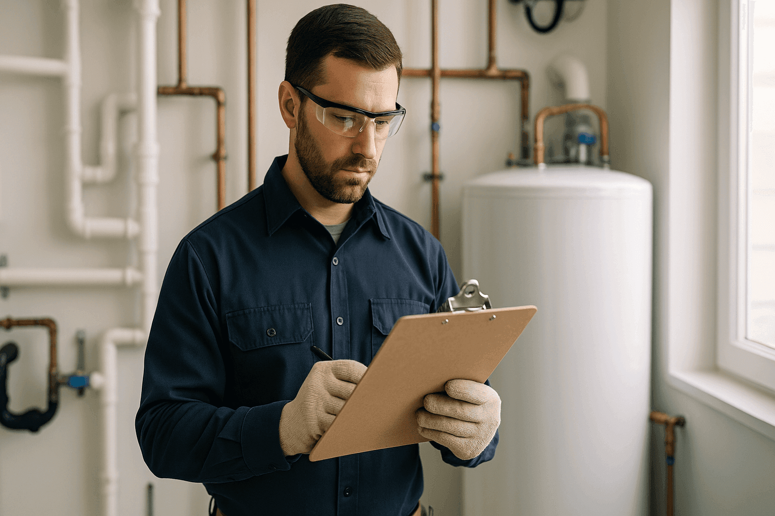 Plumber reviewing home plumbing maintenance checklist on clipboard