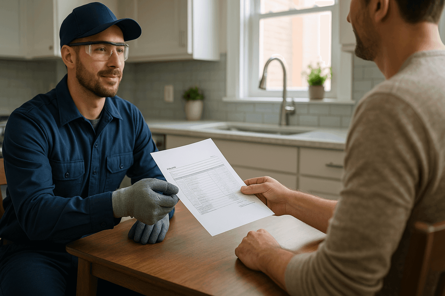 Homeowner reviewing plumber's itemized repair estimate at kitchen table
