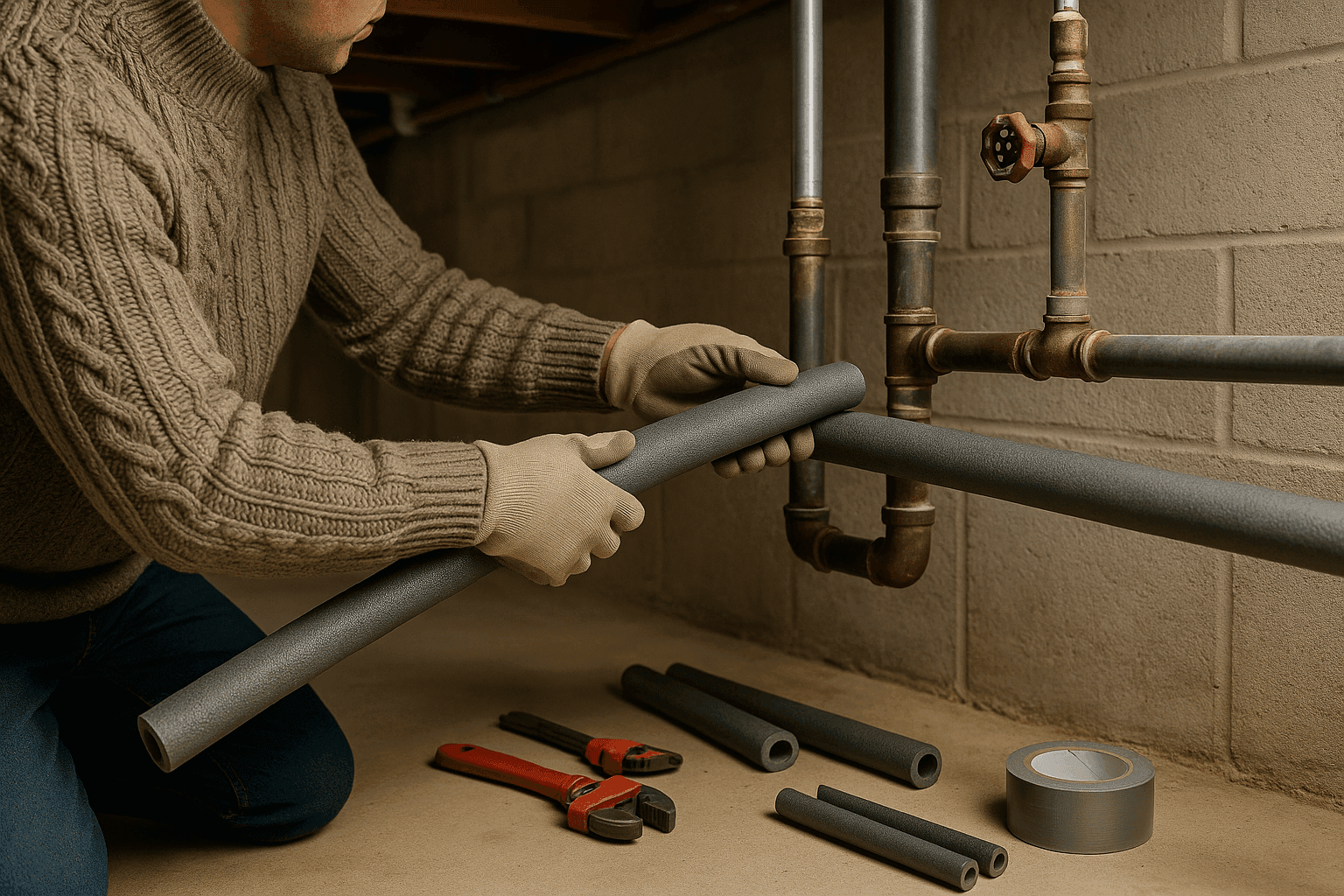 Homeowner insulating basement plumbing pipes with foam wrap to prevent freezing