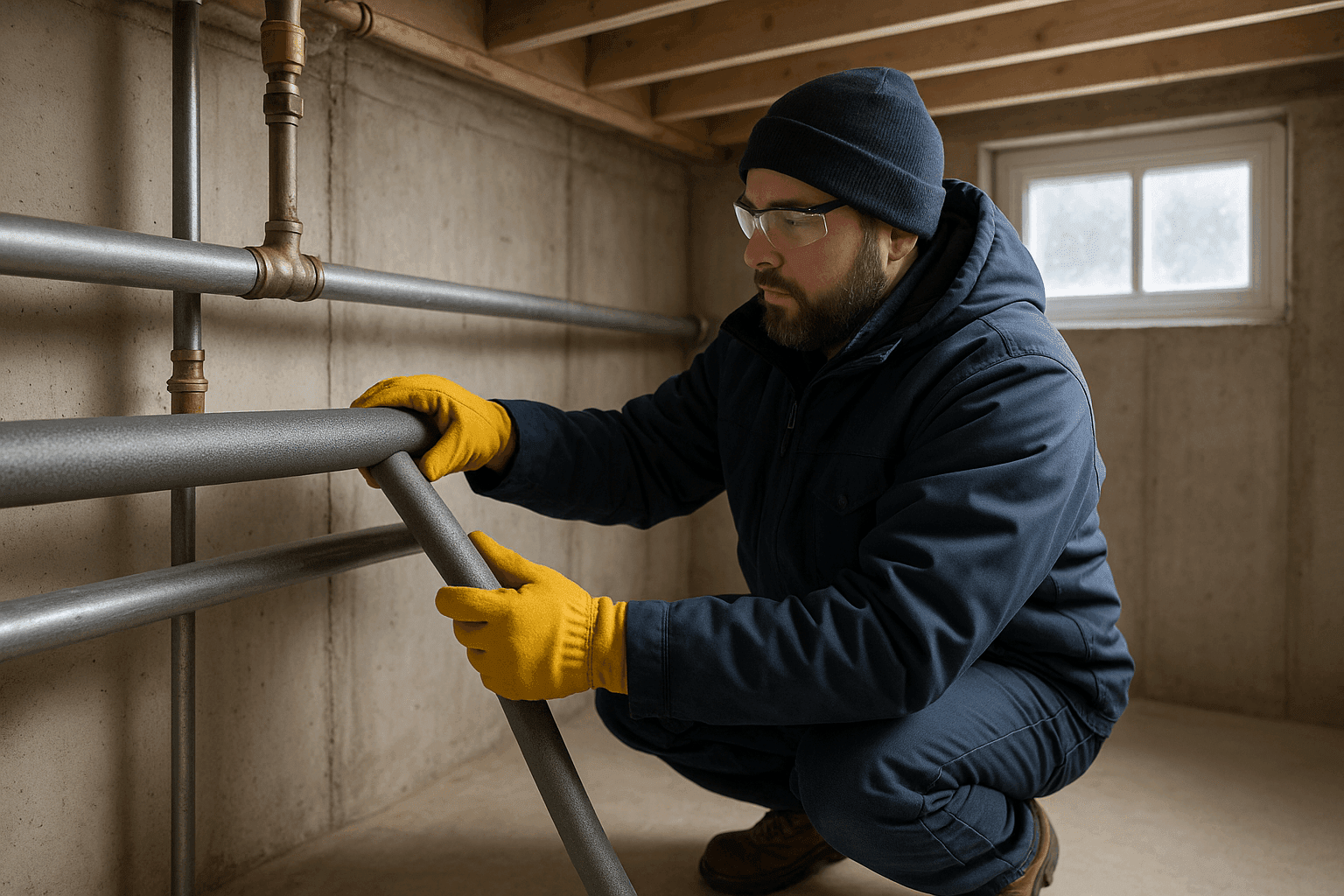 Plumber insulating exposed basement pipes before winter