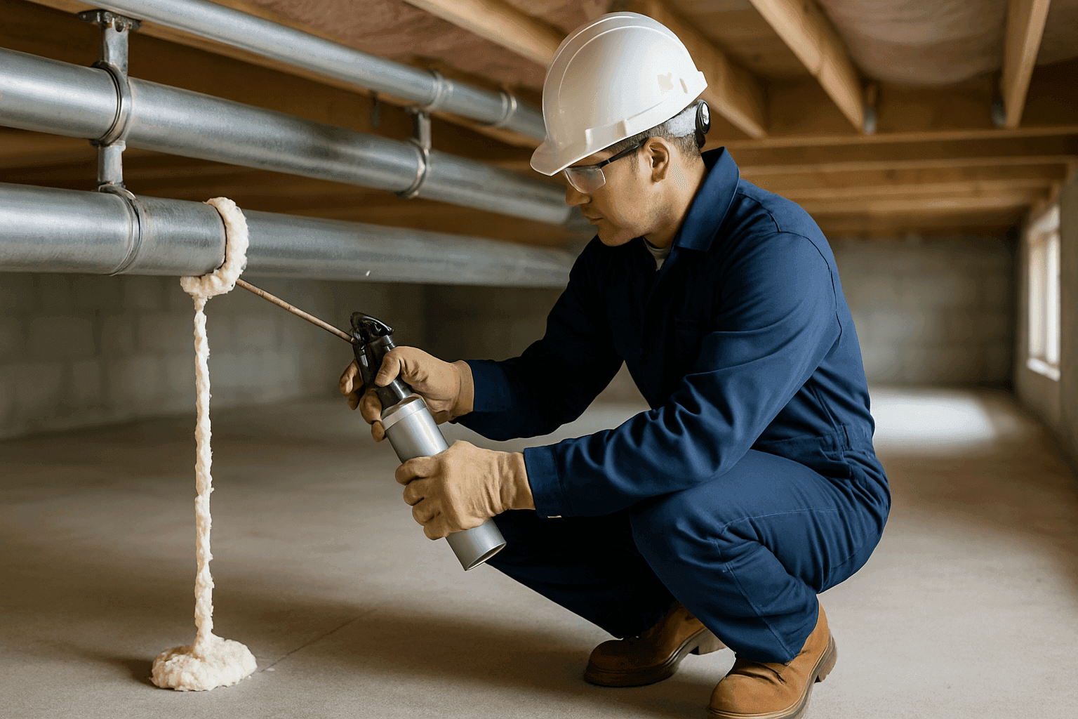 Technician installing pipe insulation in residential crawl space
