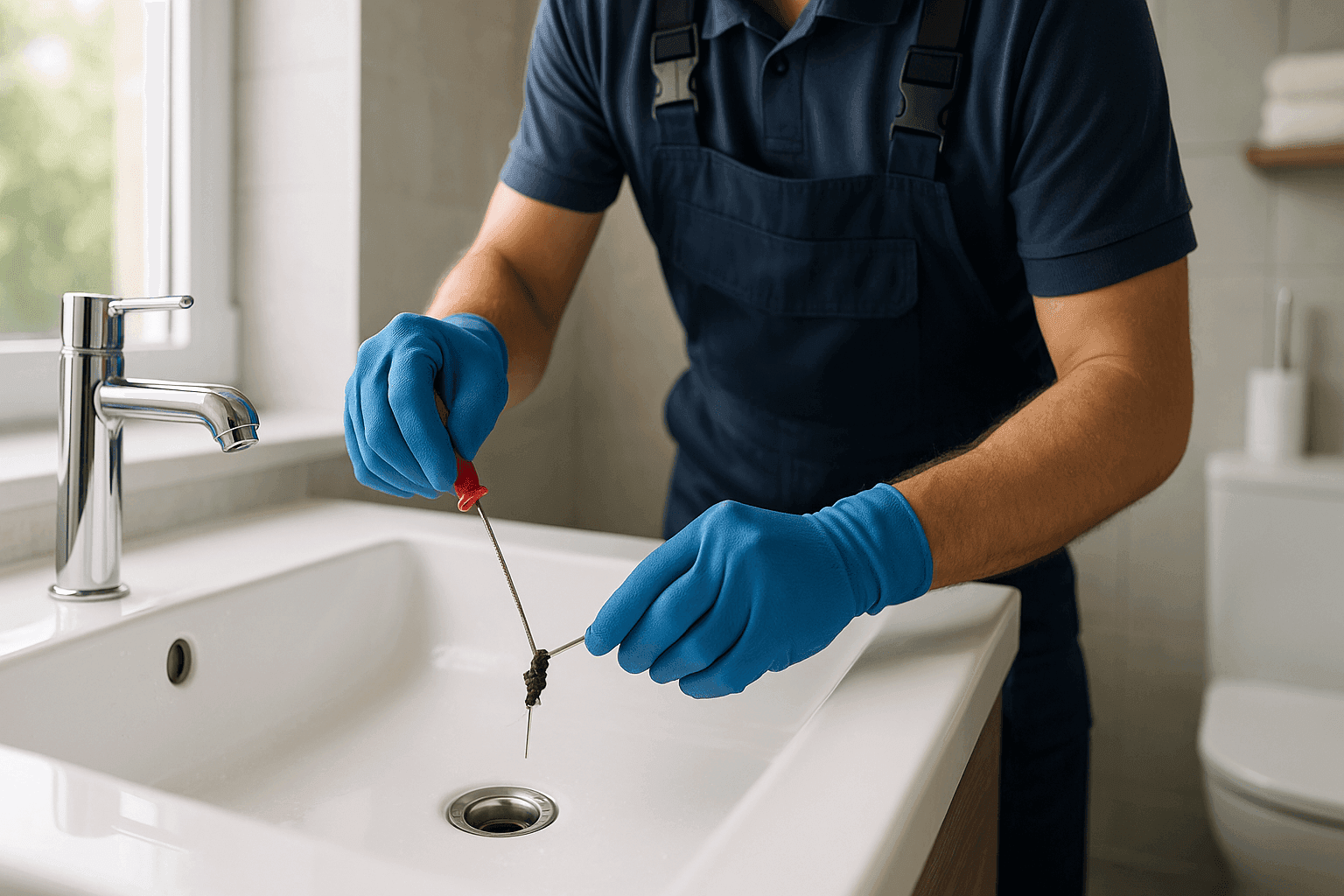 Close-up of plumber removing debris from bathroom sink drain