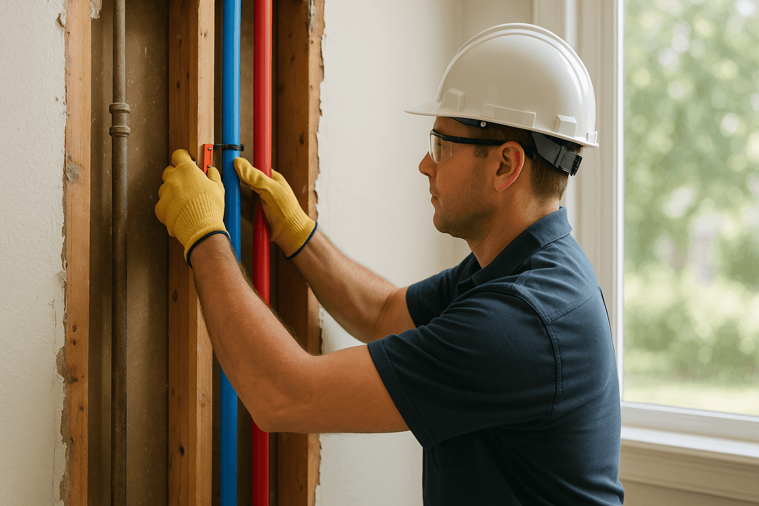 Plumber replacing old galvanized pipes with new PEX in home wall
