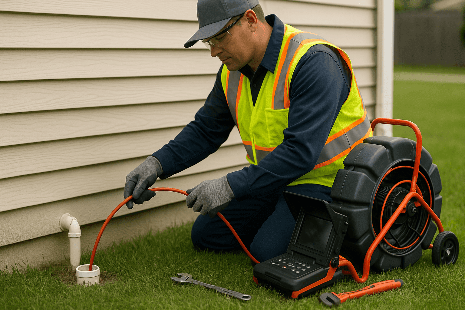 Plumber using video inspection camera on residential sewer line cleanout
