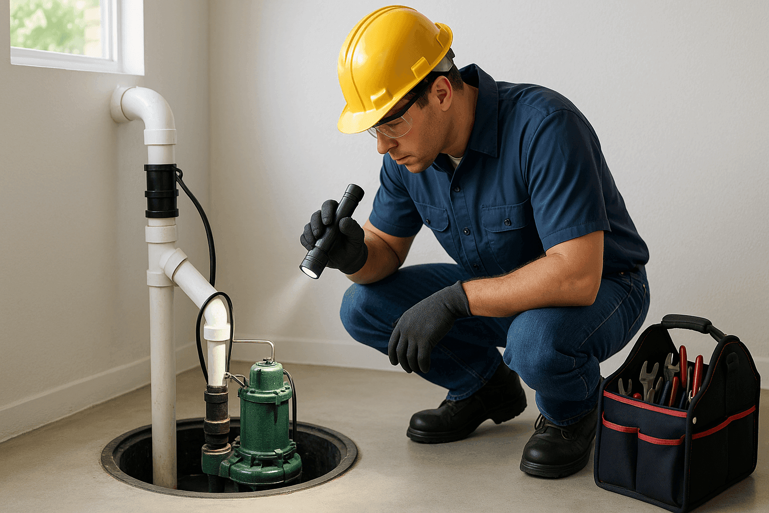 Plumber inspecting sump pump in residential basement