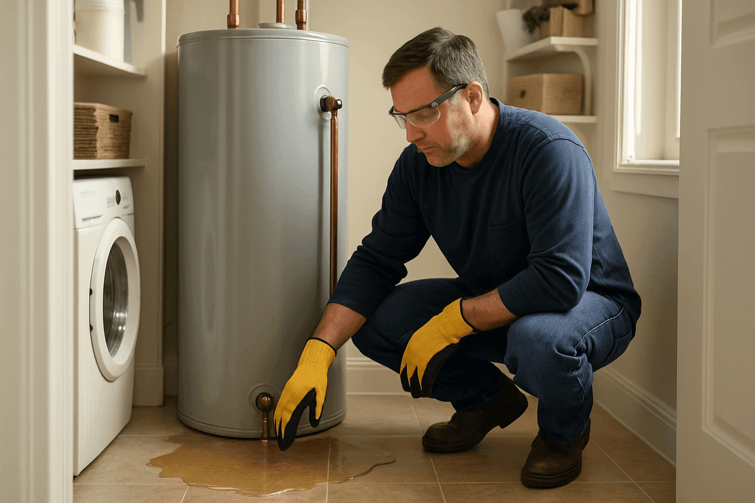 Homeowner inspecting leaking water heater in utility closet