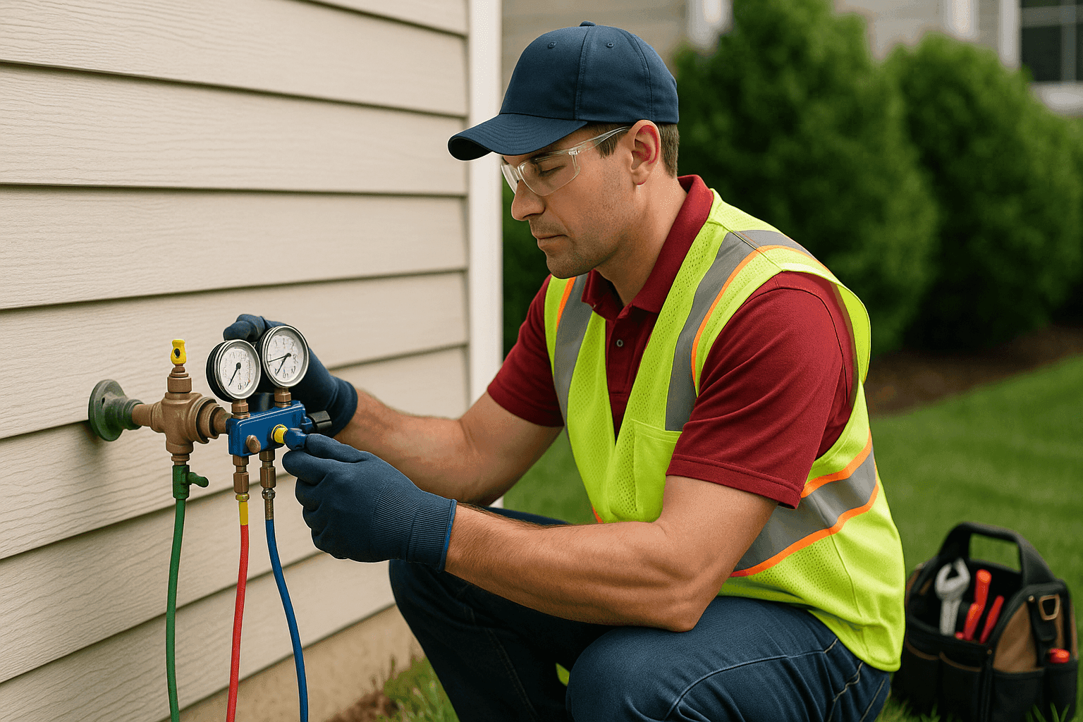 Plumber testing backflow prevention device at home exterior